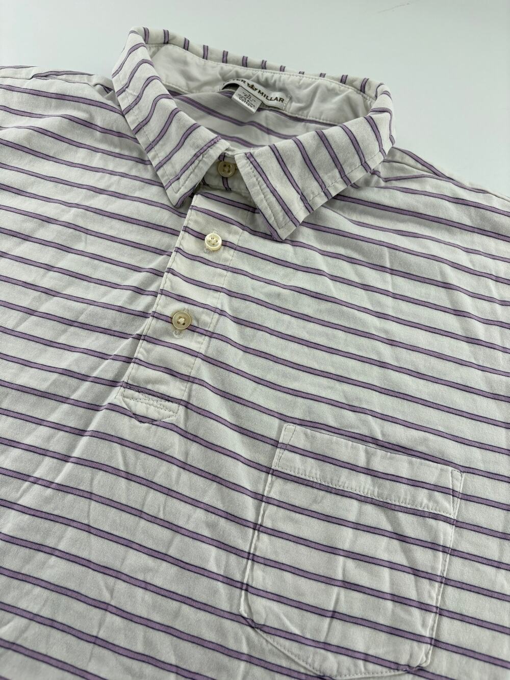 Peter Millar Men's Large Purple Lavender Striped Polo Shirt Pima Cotton Peru